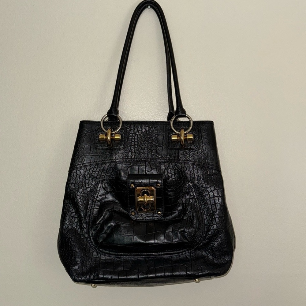 B. Makowsky Genuine Leather Croc-Embossed Tote Bag –‎ Black/Gold